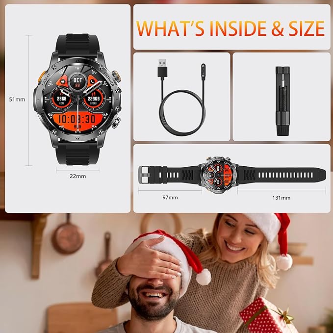 KPEP Military Smart Watches for Men, 1000mAh Battery/LED Flashlight/2 Straps/IP67 Waterproof Smartwatch, Stress/Blood Oxygen/Heart Rate/Sleep Monitor, Reminder, Fitness Tracker for iOS Android, Silver