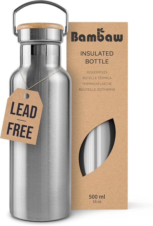 Bambaw Metal Insulated Water Bottle 16 oz | Stainless Steel Water Bottle Insulated | Reusable Water Bottle | Vacuum Insulated Water Bottle | Hot Water Bottle | Metal Water Bottle | Water Bottle 500 ml