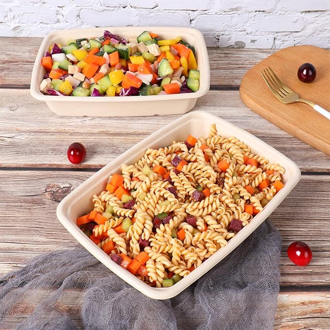 32 oz Rectangle Disposable bowls with lids,Sugarcane Fibers Bowls take away food containers Plant Fibers Freezer Safe 50 Pack