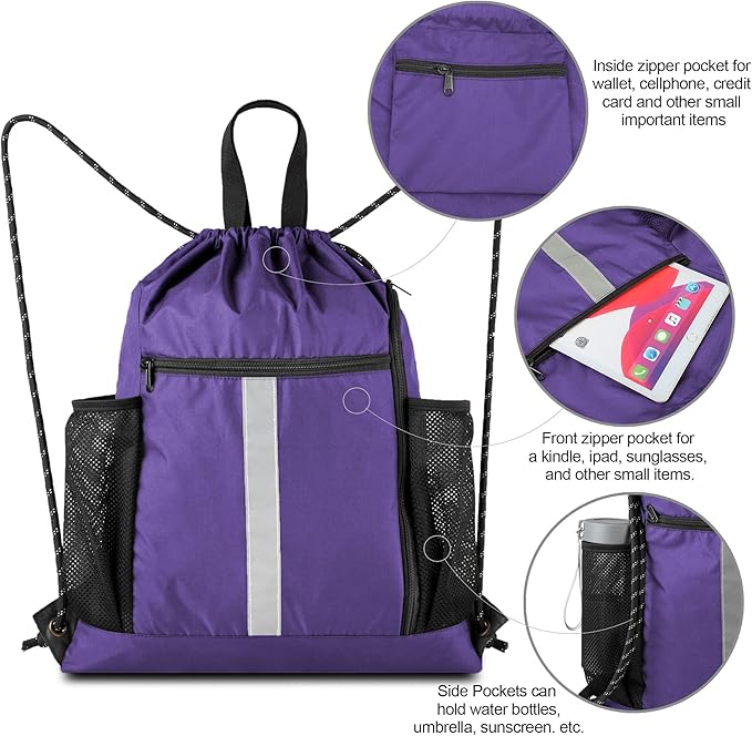 BeeGreen Purple String Bag Sack Gym Backpack with Shoe Compartment and Two Water Bottle Holder for Men Women Lightweight Durable Drawstring Cinch Sackpack