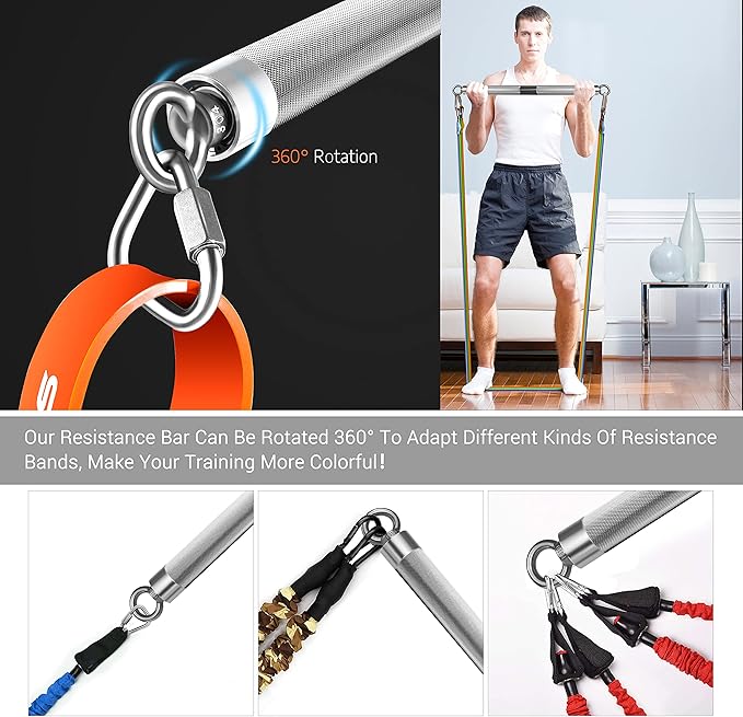 DASKING Detachable Resistance Bands Bar 30"/35.4"/38.5" Length Max Load 500LBS for Home Gym Full Body Workout Fitness Bar