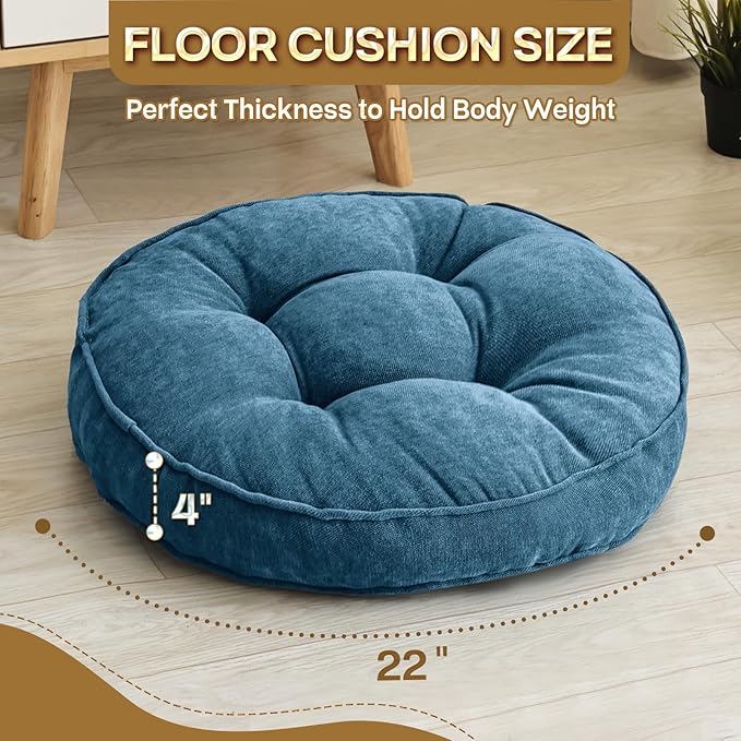 Floor Pillow Set of 2, Memory Foam Floor Cushions for Adults, Large Round Meditation Pillow for Sitting, 22 x 22 Inches (Round | Navy)