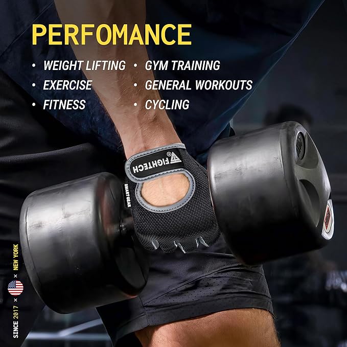 FIGHTECH Workout Gloves for Men and Women, Fingerless Weight Lifting Gloves with Cushioned Palms, Gym Gloves for Exercise Fitness Training Climbing Cycling, Breathable and Lightweight