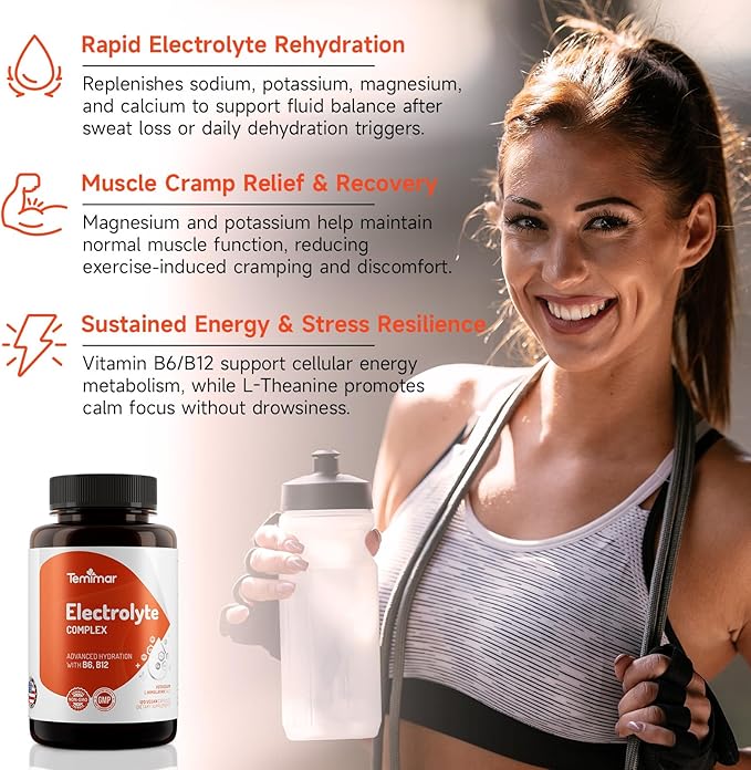 Electrolyte Capsules, Advanced Hydration Electrolytes with Himalayan Salt, Potassium, Magnesium, Calcium, B6 & B12, for Muscle & Energy Support, Made in USA, 120 Vegan Capsules