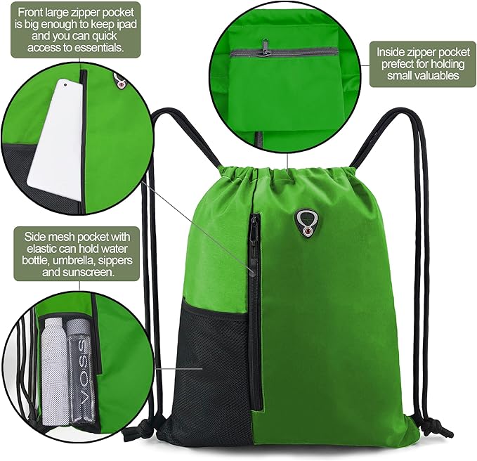 BeeGreen Bright Green Drawstring Backpack Gym Bag For Men & Women – Sports Sackpack with Mesh Water Bottle Holder & 2 Zippered Pockets – Large 16x20 Inch Cinch String Backpack