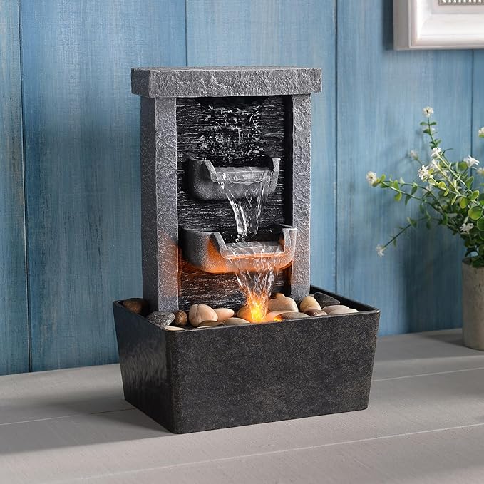 GOSSI Home Décor 10.3 in Indoor Waterfall Fountain Relaxation High Pressure Water Pumps Tabletop Fountain Nature Feeling Water Fountains with Reflective Lighting/River Rocks Home/Office Decoration