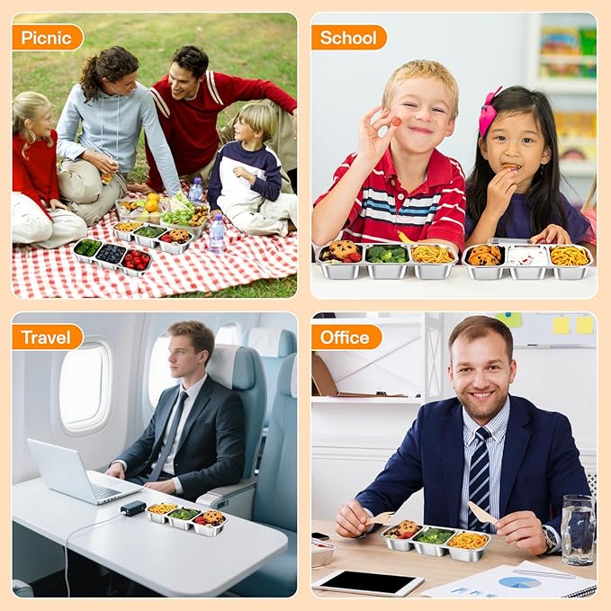 Stainless Steel Snack Containers, Reusable Snack Containers with Lids Stainless Steel Lunch Box with 3 Compartment Divided Food Storage for Home Work Travel Outdoor Camping (Orange 3 Pack)