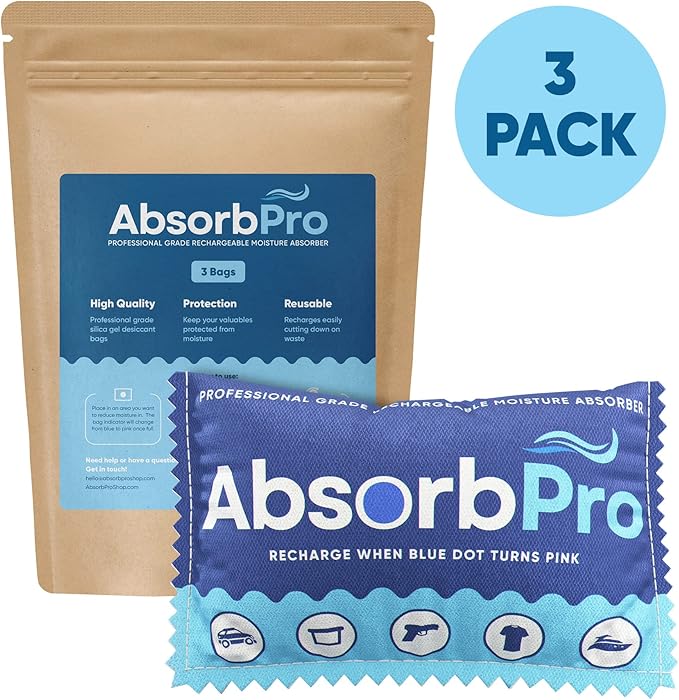 Rechargeable Dehumidifier Bag 3-Pack - 100g Reusable Moisture Absorbers - Silica Gel Packets for Bins, Totes, Gun Safe, Food Storage, Clothes, Cars, and Boats