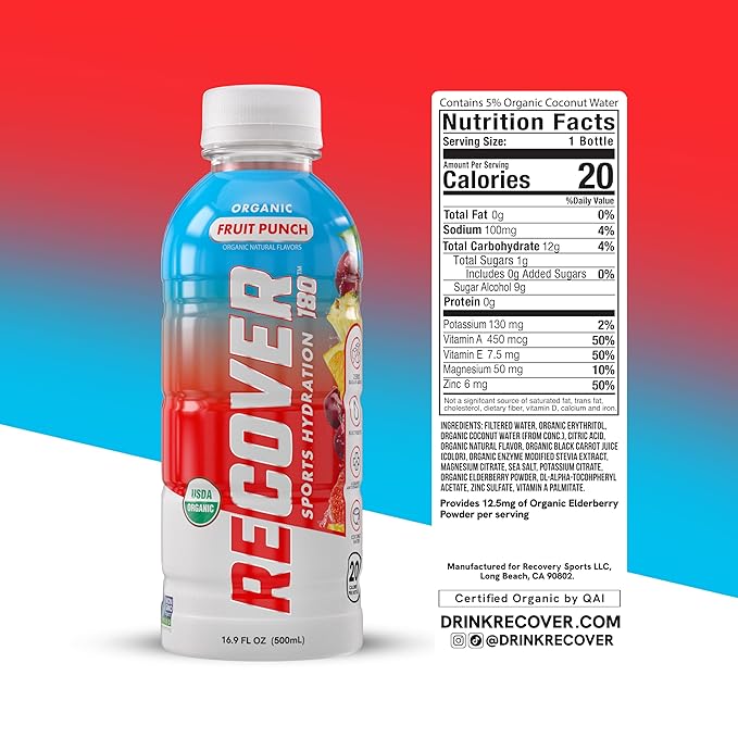 RECOVER 180 Organic Sports Hydration Drink, No Sugar Added, 20 Calorie Sports Beverage, Organic Flavors With Vitamins, Potassium-Packed Electrolytes (16.9 Fl Oz (Pack of 12), Fruit Punch)