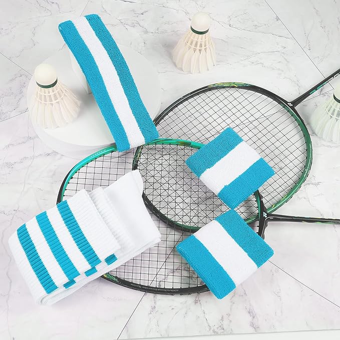 ONUPGO 5 Pieces Sweatbands Striped Socks Set Sports Headband Wristbands High Tube Socks 80s Accessories Costumes