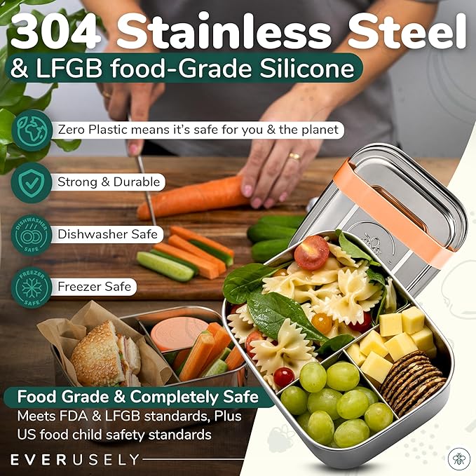 Everusely - Bento Box - Orange, 27oz / 0.8 L - Stainless Steel Lunch Box with Leakproof Condiment Container - 3 Compartment Snack Organizer for On the Go Meals - Freezer & Dishwasher Safe