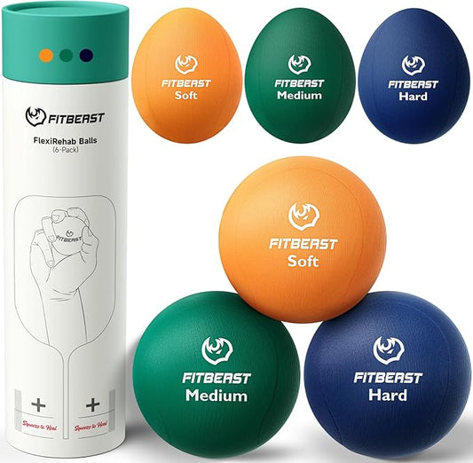 FitBeast Stress Balls for Adults, 6-Pack Hand Therapy Balls, Soft, Medium, Hard Tri-Density, Green, Orange, Blue