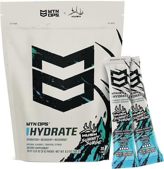 MTN OPS Hydrate Electrolytes Powder Drink Mix, 20 Single Serving On-The-Go Electrolyte Packs with Over 1000mg of Electrolytes per Serving, Hush Summit Surge