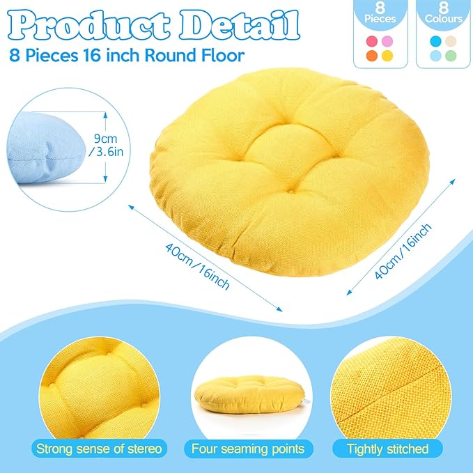 Fumete 8 Pcs 16 Inch Round Floor Cushions for Kids and Toddlers, Flexible Seating Classroom Furniture Floor Pillow for Home, Daycare, Preschool, Yoga and Meditation (Simple)