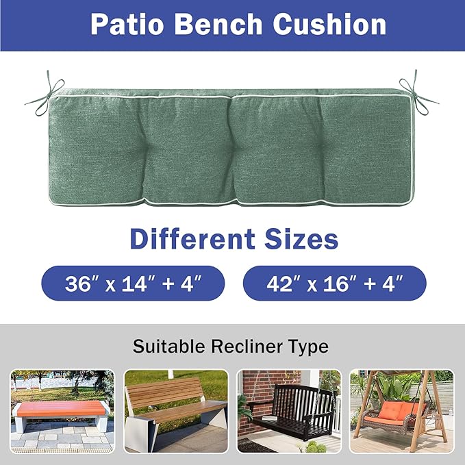 Bench Cushions for Outdoor Furniture, 42 x 16 Inch Outdoor Bench Cushion, Patio Bench Cushion with Durable Ties, Long Patio Seat Cushions for Garden, Indoor, Kitchen&Dining, Green