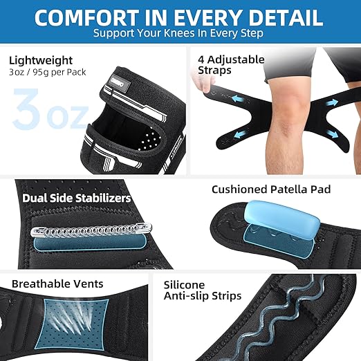 CAMBIVO Knee Brace for Men and Women, Patella Tendon Knee Strap with Gel Pad and Side Stabilizers, Adjustable Knee Band for Knee Pain Relief, Lightweight Knee Support for Workouts, Running, Training (Black, L/XL)