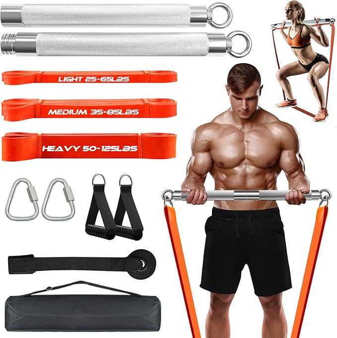 Detachable Resistance Bar with 3 Stackable Bands & Door Anchor - 500LBS Heavy Duty Home Gym Kit, Portable Full Body Workout Equipment (90cm Bar, Workout Guide)
