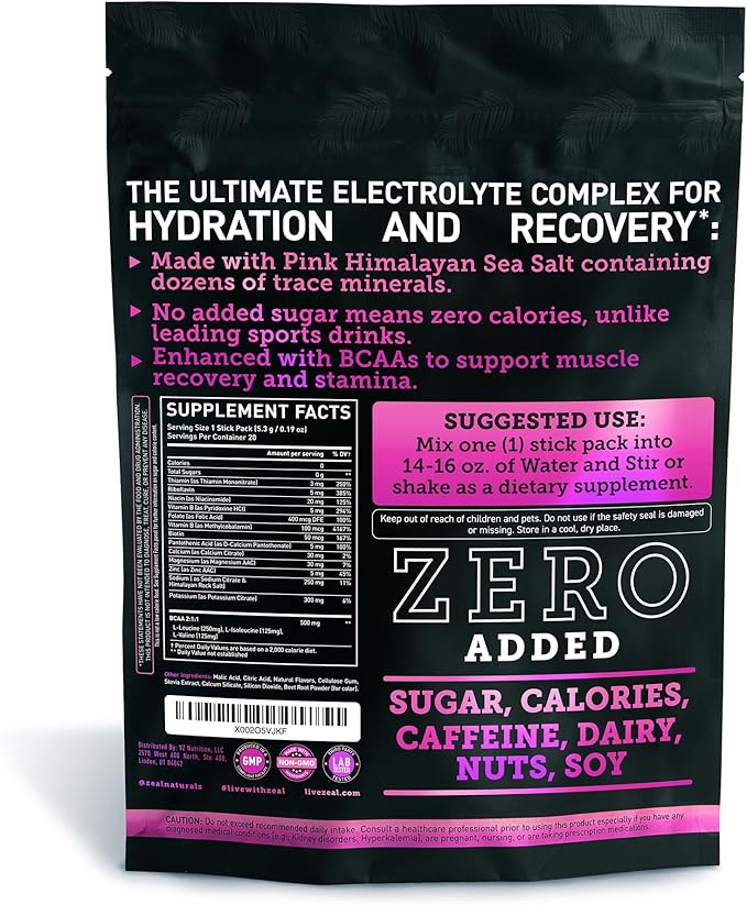 Enhanced Electrolyte Powder Stick Packs (Black Cherry | 20 Packets) w/ 0 Sugar +BCAAs +B-Vitamins Electrolyte Supplement w Potassium Zinc & Magnesium for Hydration - Keto Electrolytes