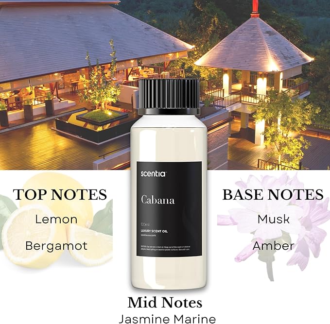 Scentia Hotel Diffuser Oil Inspired by 5-Star Hotel Scent - 120 mL 4.06 fl oz - Essential Oil Blend Botanical Jasmine, Bergamot & Fresh Marine Notes for Aromatherapy Diffusers - Cabana