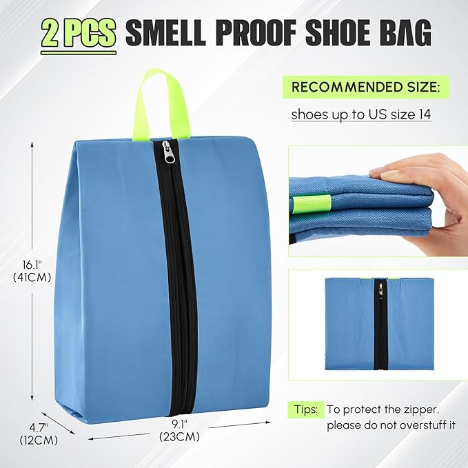 2 Pack Smell Proof Shoe Cleat Bag for Travel Water-Resistant Odor Absorbing Lightweight Golf Soccer Shoe Storage Organizer Pouch with Zipper for Gym Sports Travel Work (Gray, Blue)