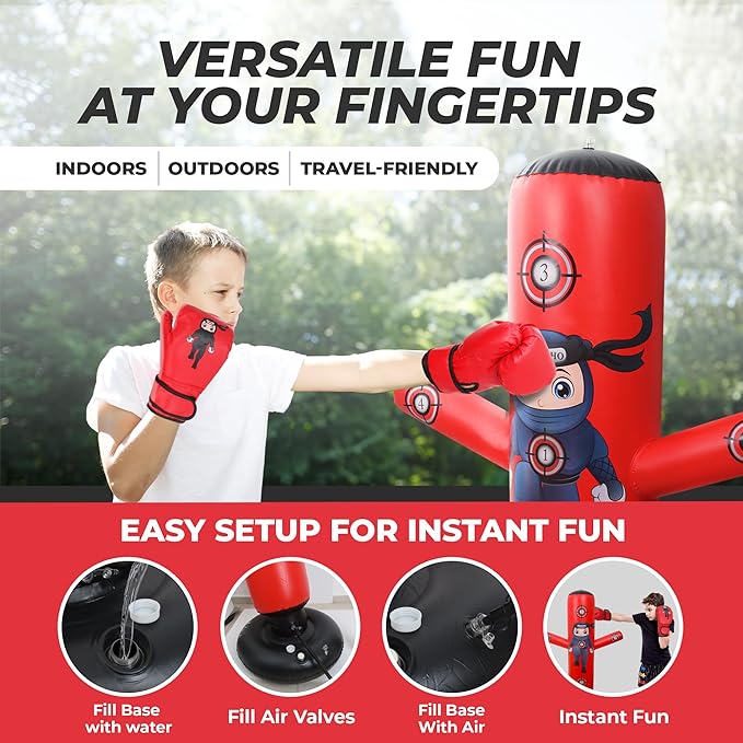 PUNCHO Punching Bag for Kids: 63" Kids Punching Bags 3-8 with Gloves, Pump, PUNCHO eBook - Kid Boxing Bag Set & Birthday Gift - Inflatable Punching Bag for Kid 8-12 with 5 Targets - Boxeo para Niños