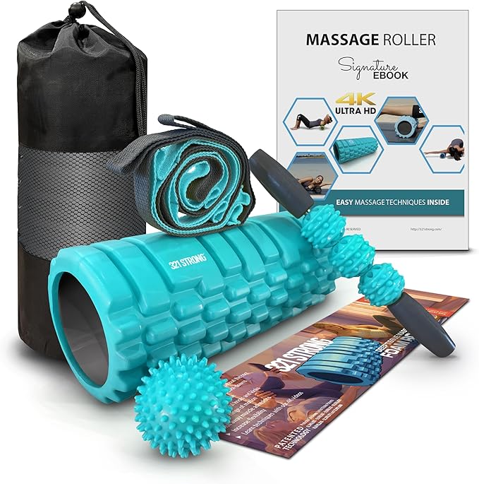 321 STRONG 5 in 1 Foam Roller Set with Hollow Core Deep Tissue Massager, Muscle Roller Stick, Stretching Strap, Spikey Plantar Fasciitis Ball, and Carry Bag, with 4K eBook