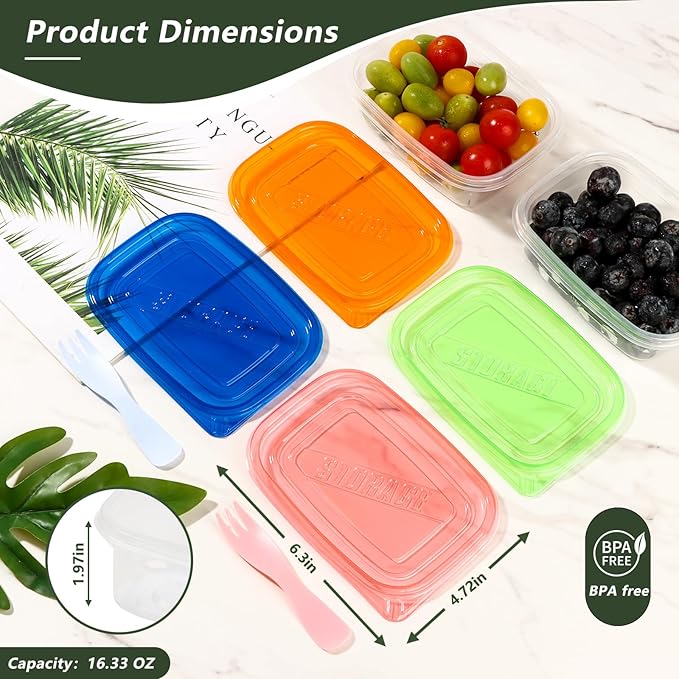 16pcs Meal Prep Containers with Lids, Snack Container for Lunch, Salad, Snacks & Bento, 10 Forks Included, Microwave/Freezer Safe, Stackable 16.33 Oz (4 Colors)