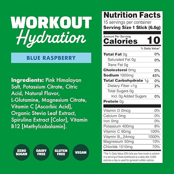Waterboy Workout Hydration | 2,960mg Sugar Free Electrolyte Powder Packets | L-Glutamine + Vitamins | No Sugar, All Natural, Gluten Free | 15 Drink Stick Mixes (Blue Raspberry)