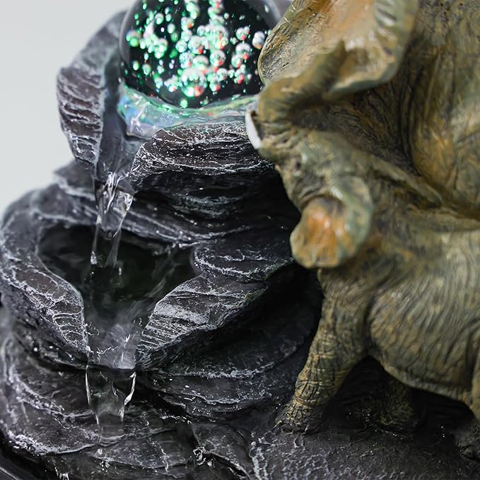 Elephant Tabletop Fountain with Rotating LED Crystal Ball & Cascading Rocks, 10.8" Indoor Waterfall Decor for Living Room,Office,Bedroom,Study,Zen Elephant Lover Gift