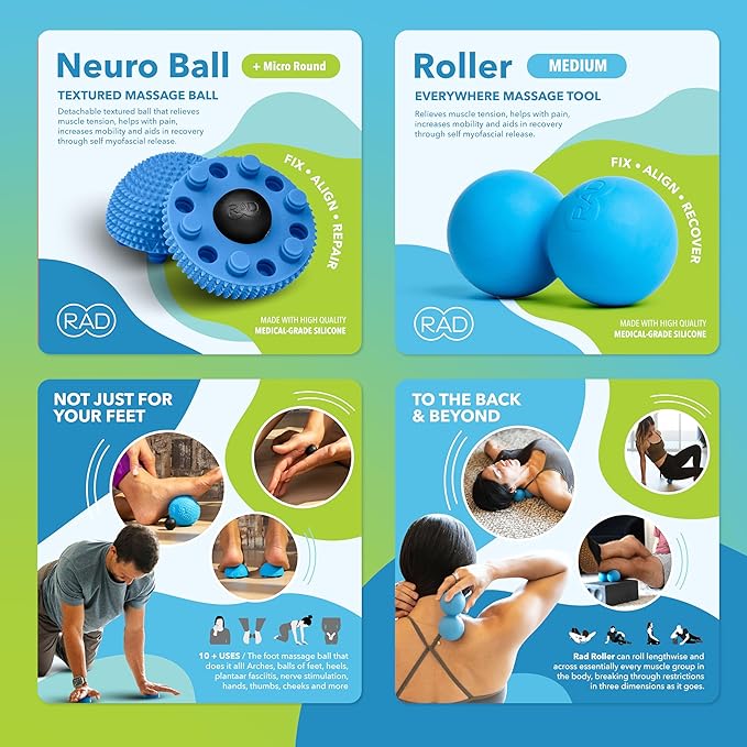 RAD Back Relief Massage Set – Myofascial Release Bundle for Back Pain, Muscle Recovery, and Mobility - Includes Exercise Foam Rollers, XL Peanut Massage Ball, and Neuro Ball Foot Roller