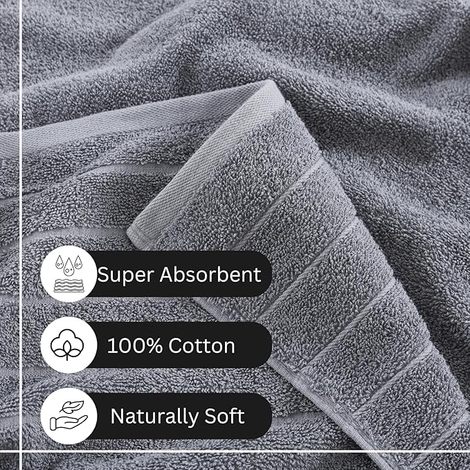 Casa Platino 100% Cotton Luxury Bathroom Towel Set - 12 Pc - Ring Spun, Quick Dry, Soft & Highly Absorbent - 4 Bath, 4 Washcloths, 4 Hand Towels - Remains Plush After Multiple Washes - Cool Grey