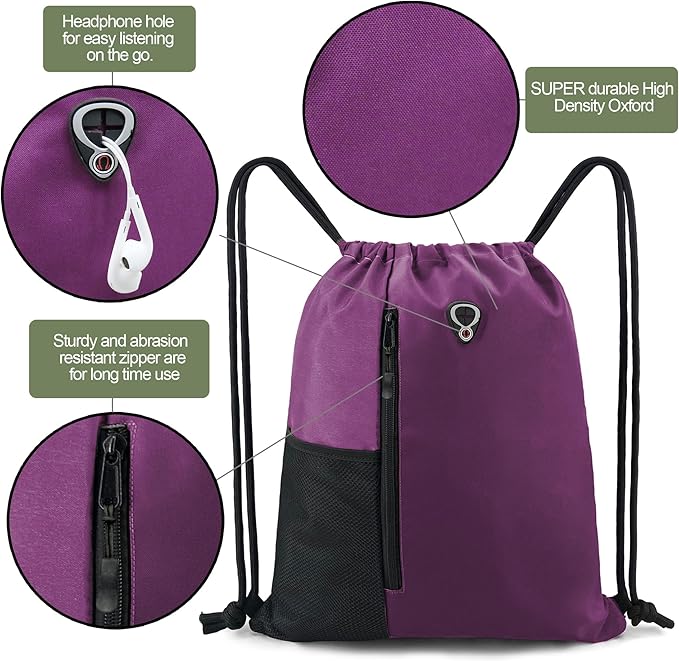 BeeGreen Purple Drawstring Backpack Gym Bag For Men & Women – Sports Sackpack with Mesh Water Bottle Holder & 2 Zippered Pockets – Large 16x20 Inch Cinch String Backpack