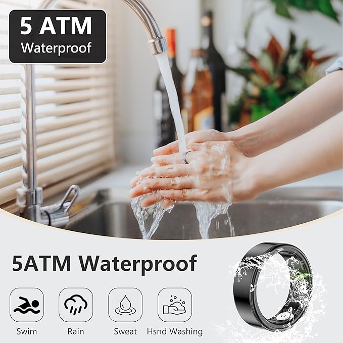 Thin Smart Ring for Fitness & Health Tracking -Pedometer,Sleep/Heart Rate/Blood Oxygen Monitor, Gesture Control / 5ATM Waterproof -No APP Subscription Compatible with Smart Phone (Black, 12)