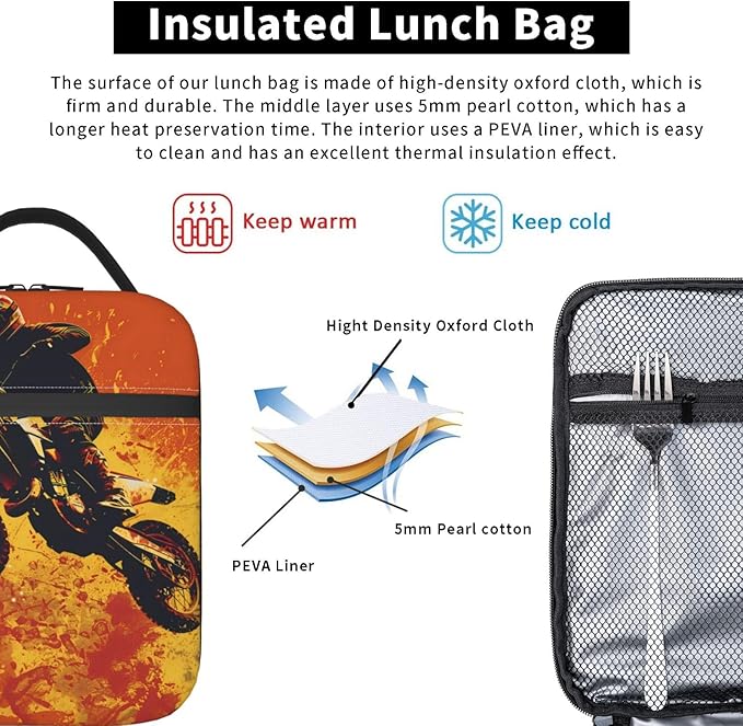 Insulated Lunch Box for Women Men, Dirt Bike Motorcycle Theme Lunch Box Reusable Portable Lunch Bag Cooler Tote Waterproof Lunch Container for Office Picnic Work Travel