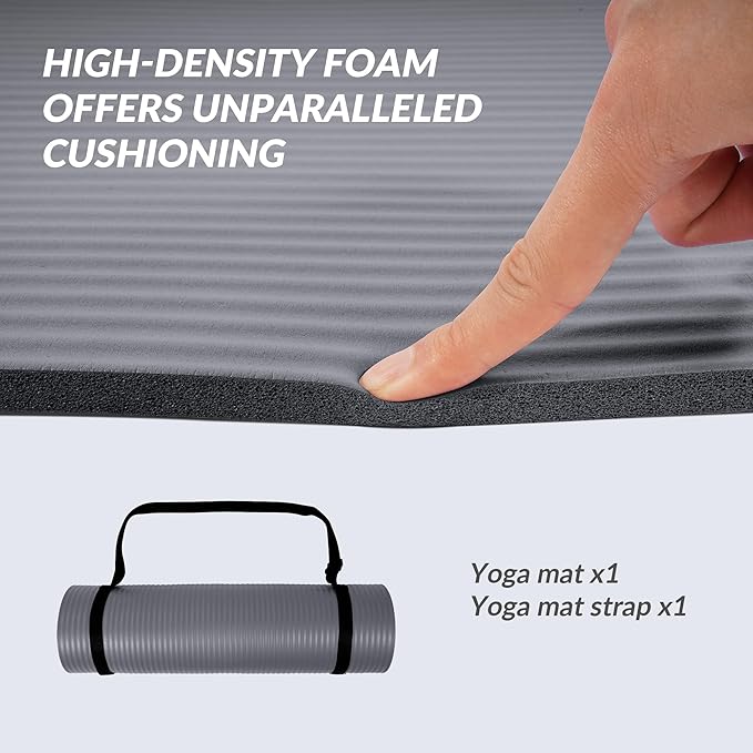 Quality Exercise Yoga Mat, 1/2-Inch Thick High-Density Foam for Full-body workout, Anti-Tear and non-slip Surface, Includes Carry Strap for Home & Studio Workouts,Multiple Options