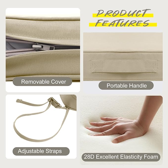 Favoyard Outdoor Bench Cushion 59 × 16 Inch Waterproof & Color Resistant Patio Benches Cushions for Garden Loveseat Swing Couch Furniture with Handle, Removable Cover and Adjustable Straps, Beige