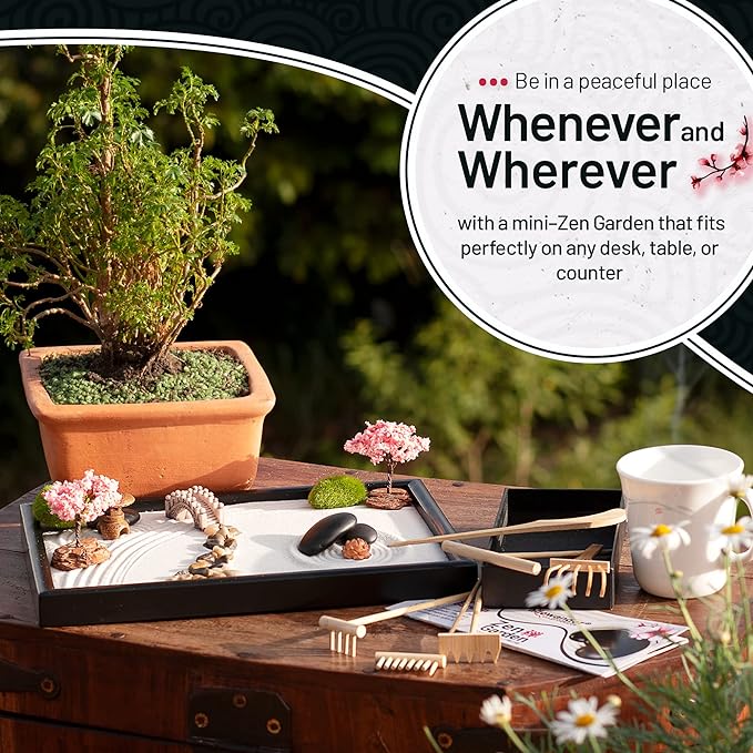 Zen Garden Kit for Desk 12x8in Sand Tray, Japanese Gift Set 14 Accessories and 6 Tools, Meditation Mini Zen Garden, Zen Sand Garden, Home Office Desk Decorations, Therapy Kit, Rock Decor