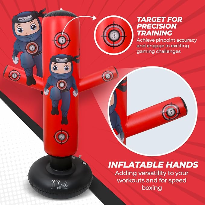 PUNCHO Punching Bag for Kids: 63" Kids Punching Bags 3-8 with Gloves, Pump, PUNCHO eBook - Kid Boxing Bag Set & Birthday Gift - Inflatable Punching Bag for Kid 8-12 with 5 Targets - Boxeo para Niños