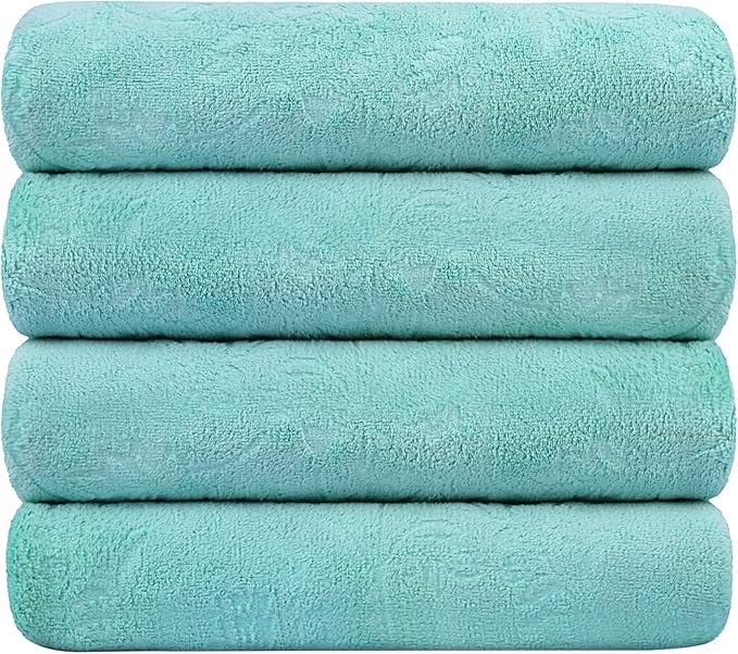 JML Microfiber Bath Towels, Bath Towel 4 Pack(30" x 60"), Oversized, Soft, Super Absortbent and Fast Drying, Multipurpose Use for Sports, Fitness, Yoga, Green-Floral Embossed