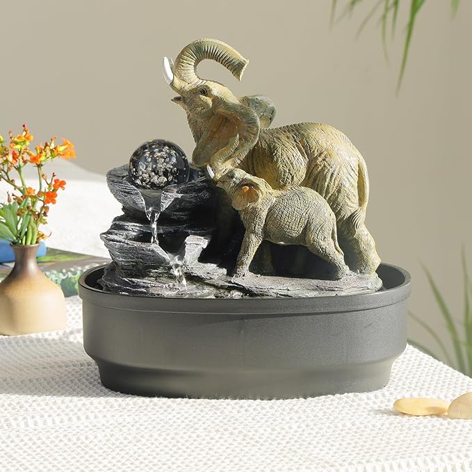 Elephant Tabletop Fountain with Rotating LED Crystal Ball & Cascading Rocks, 10.8" Indoor Waterfall Decor for Living Room,Office,Bedroom,Study,Zen Elephant Lover Gift