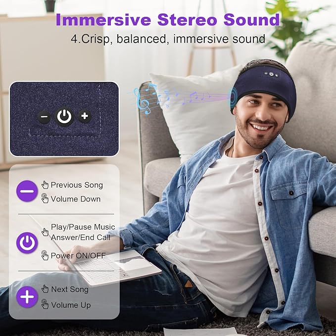 Sleeping Headphones Headband with Adjustable Hook and Loop, Bluetooth Headband Headphones for Sleeping Workout Running Yoga Gift - Unisex Purple