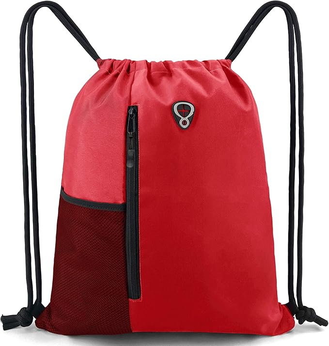 BeeGreen Red Lightweight Drawstring Backpack For Women W Water Bottle Pocket &Front Zippered Pocket Large Sports String Sackpack For Traveling Yoga Beach Outdoor Gym