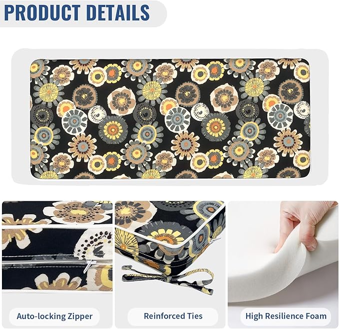 Outdoor Bench Cushion, Patio Furniture Cushion 45 x 18 x 3 Inch, Water Resistant Garden Sofa Swing Pad Settee Loveseat Couch Replacement Cushion, 1 Pack,Black Yellow Crosby