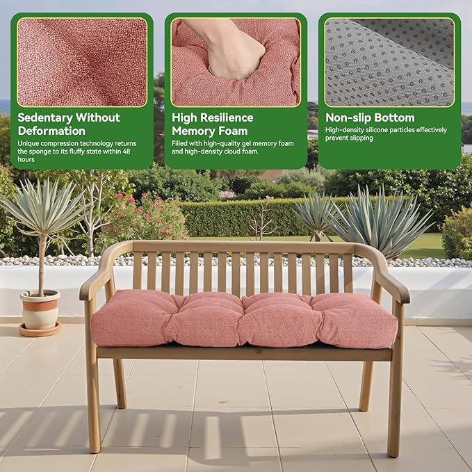 Waterproof Bench Cushion 36 Inch - Oliven Fabric, High-Density Foam, Non-Slip Bottom, Soft Durable Outdoor Tufted Long Seat Cushion for Window Garden Furniture (Red, 36x14x4 Inch)