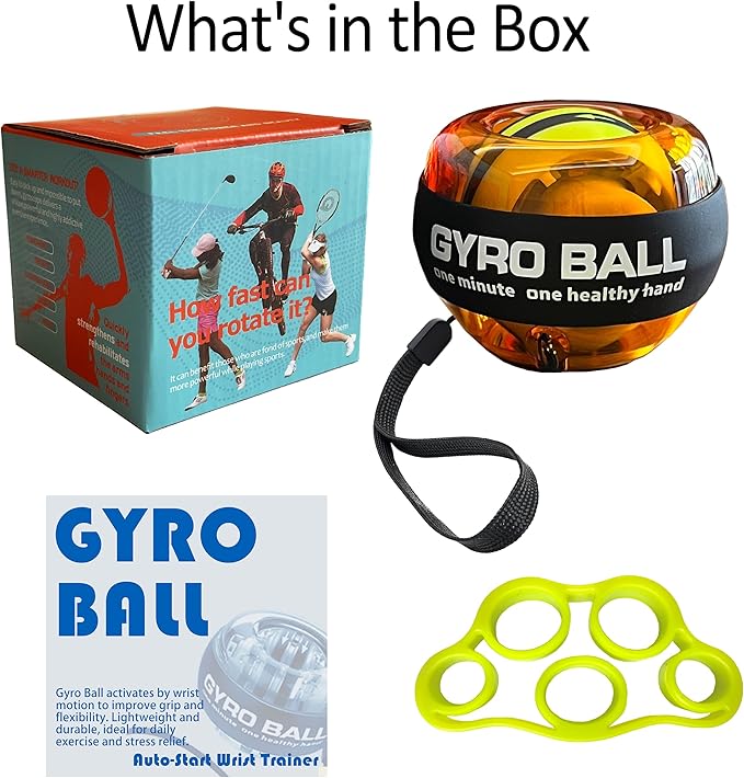 Auto-Start Gyro Ball Wrist Trainer – No Counter Grip Strengthener with Finger Band for Hand & Forearm Exercise – Stress Relief Spinner for Office, Rehab & Fitness