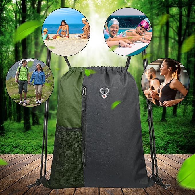BeeGreen Moss Green Drawstring Backpack Gym Bag For Men & Women – Sports Sackpack with Mesh Water Bottle Holder & 2 Zippered Pockets – Large 16x20 Inch Cinch String Backpack
