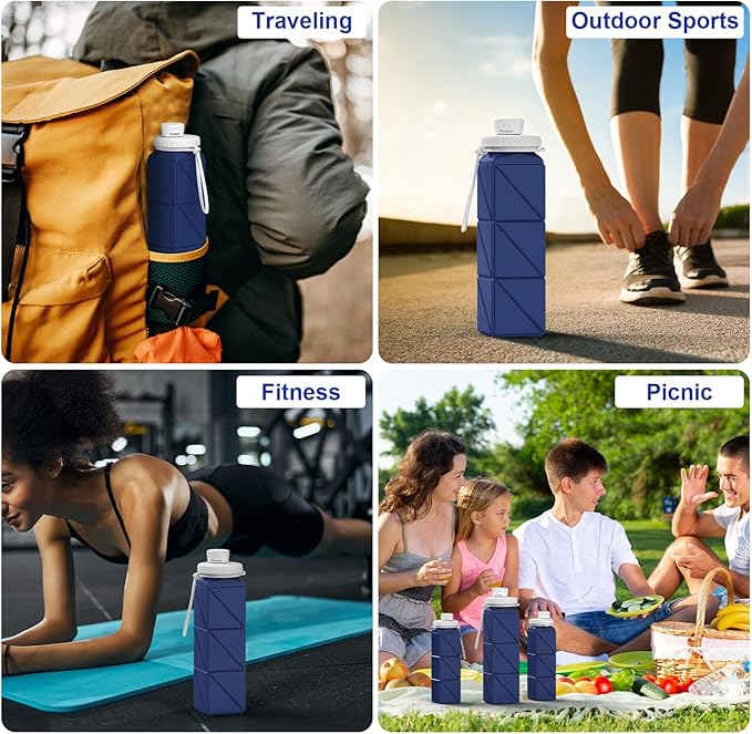 4pack Collapsible Water Bottles, 20.6oz Foldable Water Bottle BPA Free Reusable Lightweight LeakProof Travel Silicone Water Bottles for Travel, Gym, Hiking, Office, Camping, Sports Portable