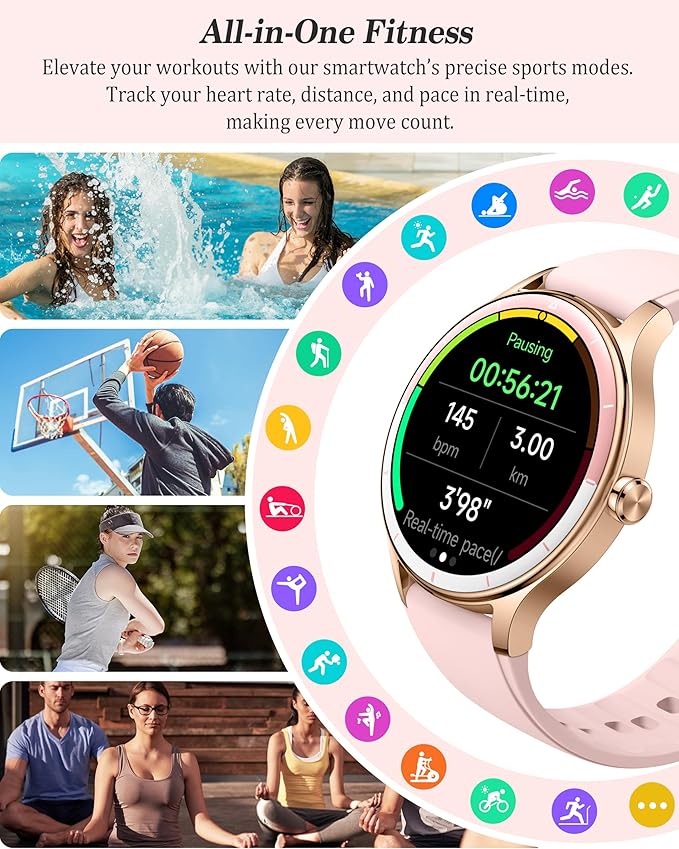 Smart Watch, 41mm Fitness Tracker, Answer/Make Calls, Digital Smartwatch with Heart Rate/Stress/Sleep Monitor, AI Voice, IP68 Waterproof Watch Calculator, Calendar, Games for Lady Women & Men
