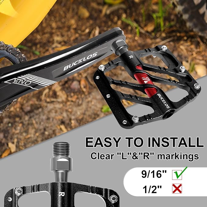 BUCKLOS MTB Flat Pedals Mountain Bike Pedals, 3 Bearings CNC Adult Road Bike Pedals, Bicycle Platform Aluminum Alloy Non-Slip Pedal for Gravel Bike/BMX 9/16"(Black)