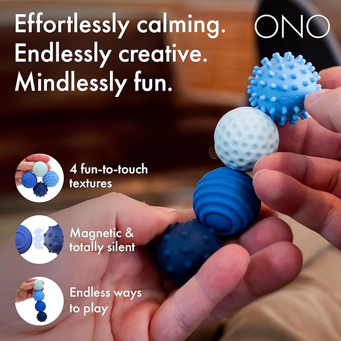 ONO Signets – Silicone Magnetic Balls with Textured Dimples, Bumps, and Waves | Fun to Play with Fidget Toy for Adults | Help Relieve Stress, Anxiety, Tension (Sapphire, Set of 4)